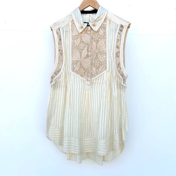 Free People New Romantics Lace Cottage Tank Top Delicate Boho Medium Cream - Picture 2 of 9